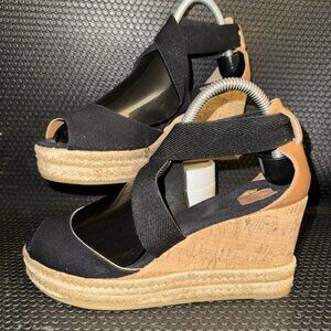 Tory Burch Black Peep Toe Cork Wedge Espadrille Sandal Shoe Women’s Size 8.5
